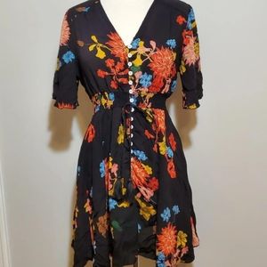 Floral Tie-Waist Black Dress with Multicolor Bloom Print